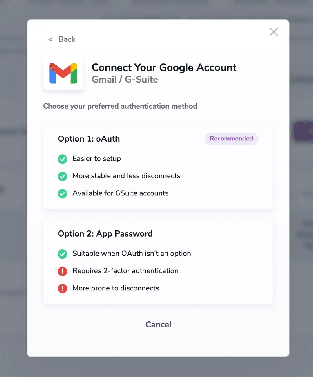 Choose one of the 2 options oAuth or App Password