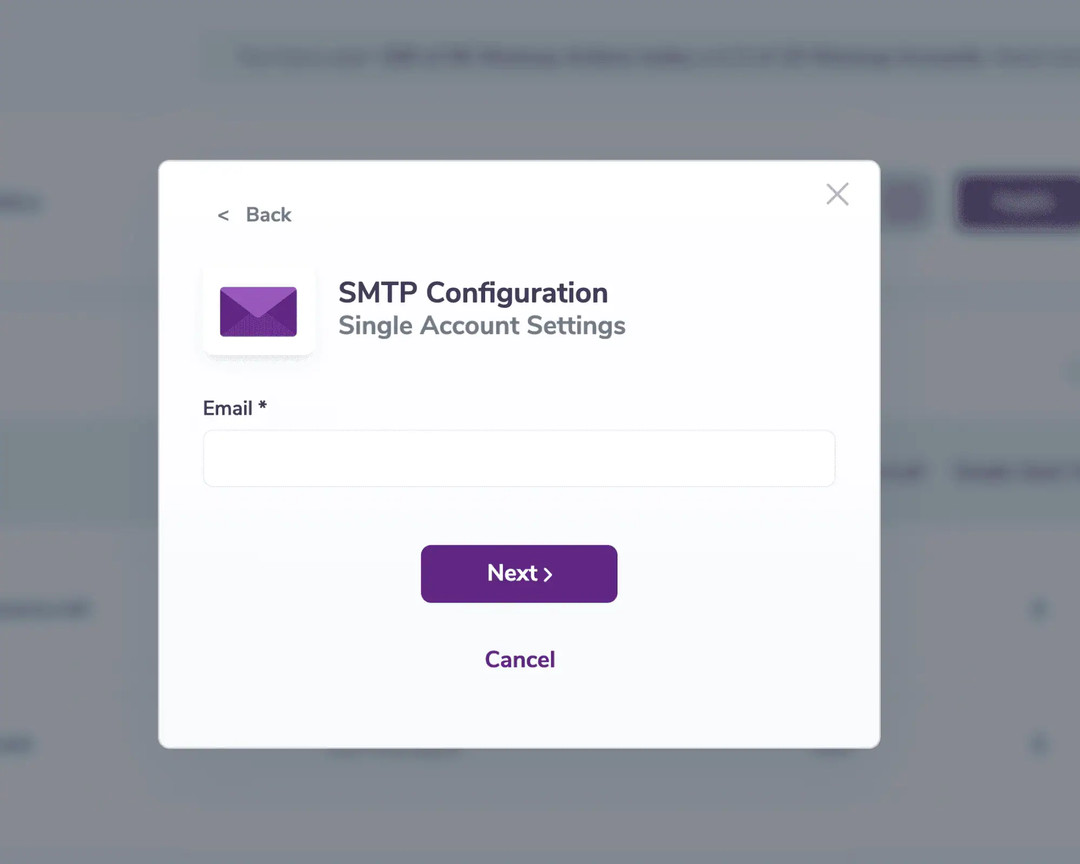 Modal displaying the SMTP email input