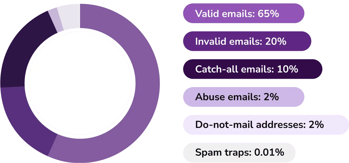 El gráfico de tonos morados muestra los resultados de verificación de correo electrónico masiva de ZeroBounce identificados en 2024, usando porcentajes y categorías.