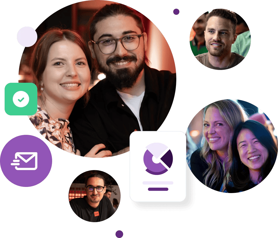A collection of photos featuring ZeroBounce team members next to an incoming email, a graph, and a green checkmark.