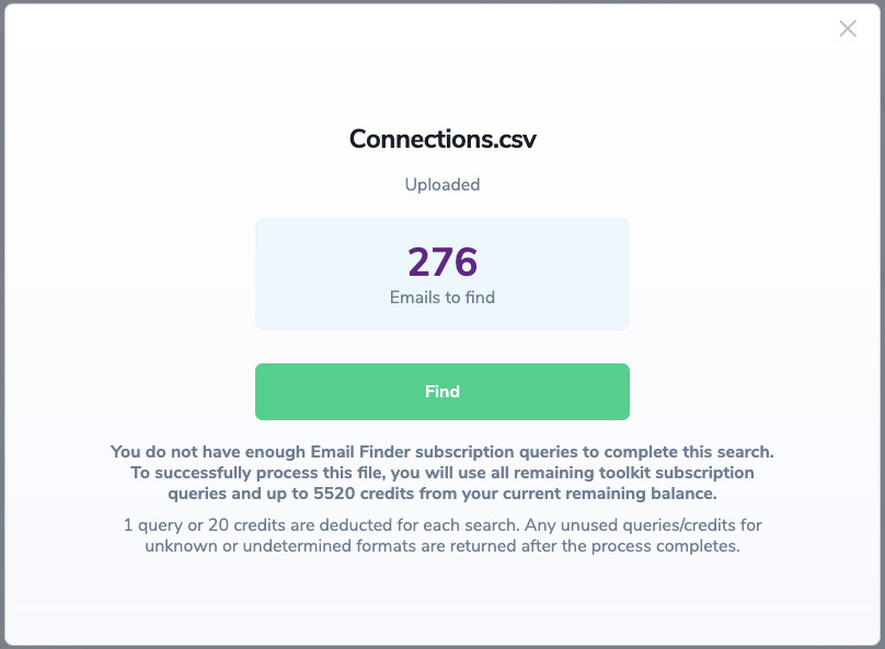 Upload window of the bulk ,[object Object], file, where it displays the number of email addresses to find.