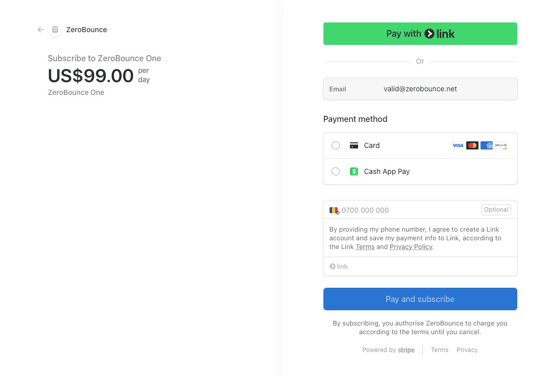 Screenshot of the ZeroBounce payment screen with a link to pay with Link
