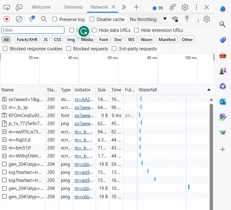 The Network tab within Edge developer tools