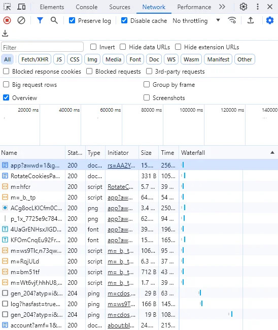 Google Chrome developer tools Network tab