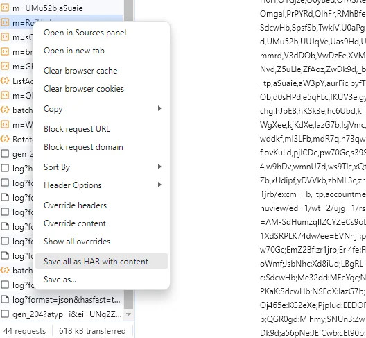 Chrome dev tools network traffic highlighting the “Save all as HAR with content” option