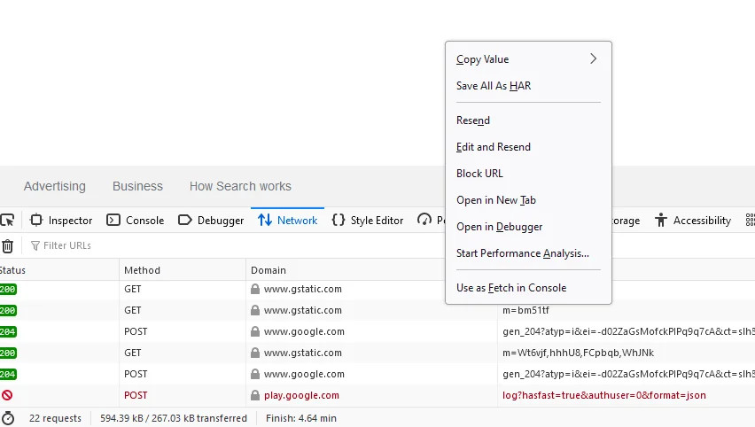 Firefox developer tools network tab menu showing the “Save all as HAR” option