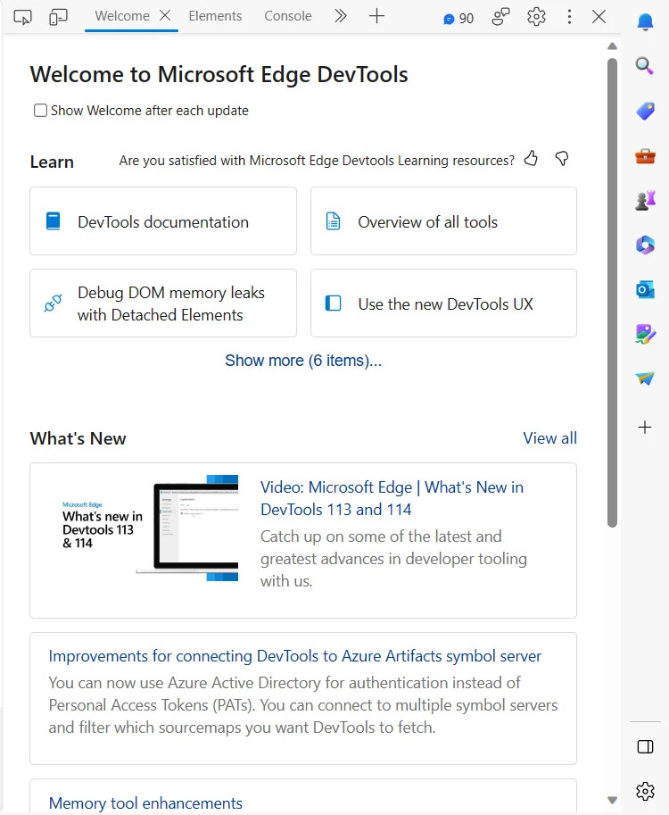 Microsoft Edge Developer tools main menu