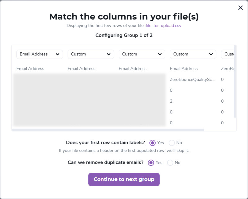 Matching the columns for group 1