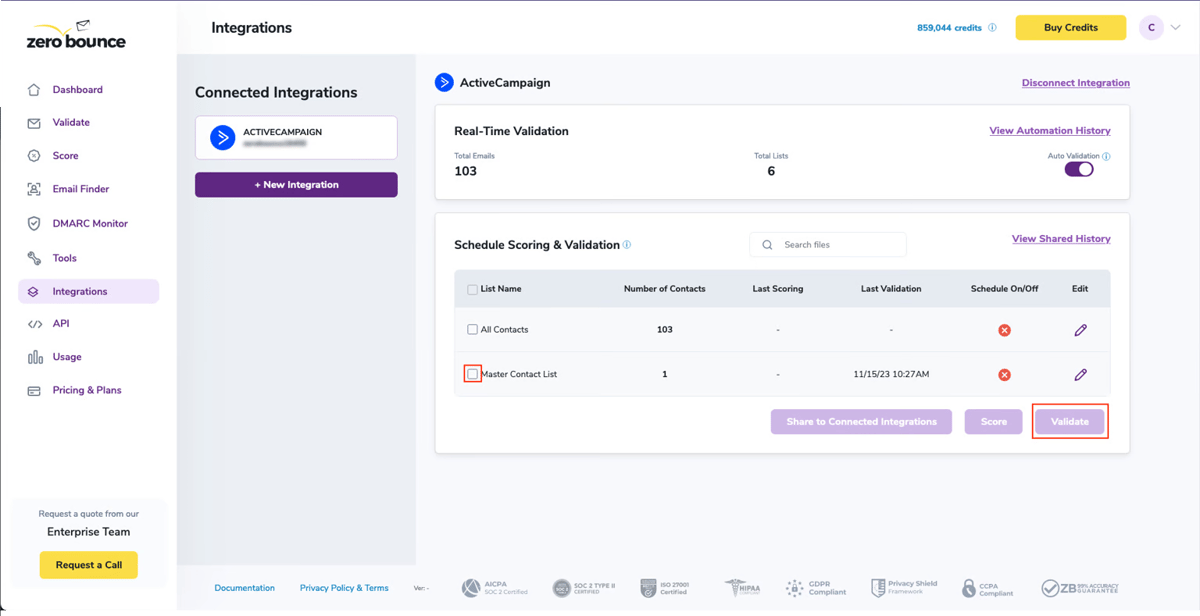The ZeroBounce dashboard showing ActiveCampaign as a connected integration along with a real-time email validation report and scheduling settings