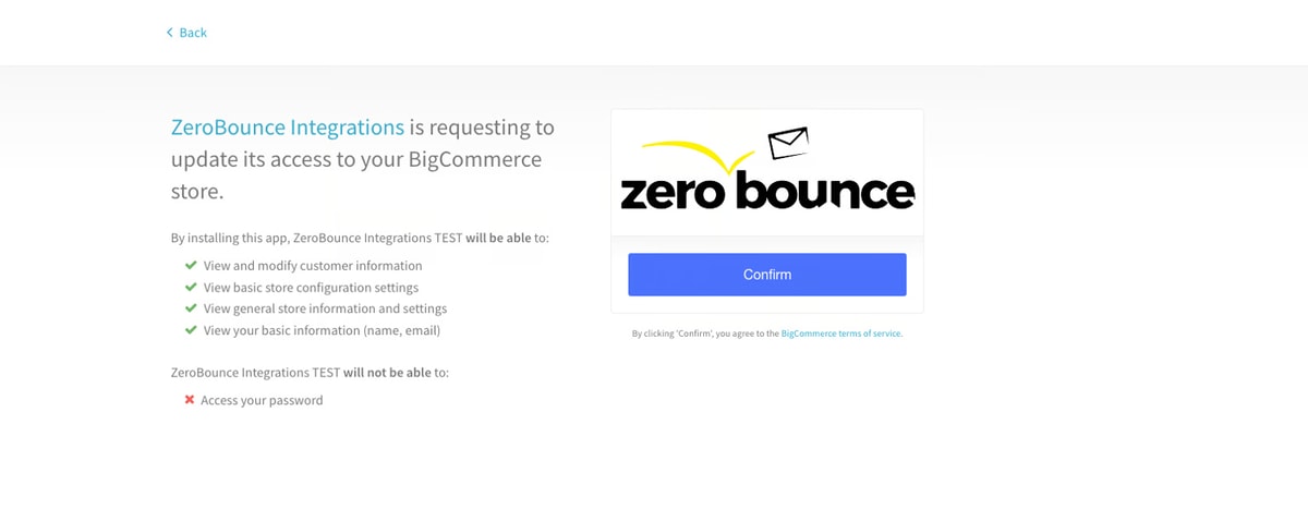 The BigCommerce integrations access request screen for the ZeroBounce API integration