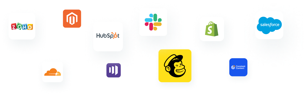 A variety of company logos representing ZeroBounce integrations, including Zoho, HubSpot, Slack, Mailchimp, Cloudflare, Salesforce, Shopify, and Constant Contact.