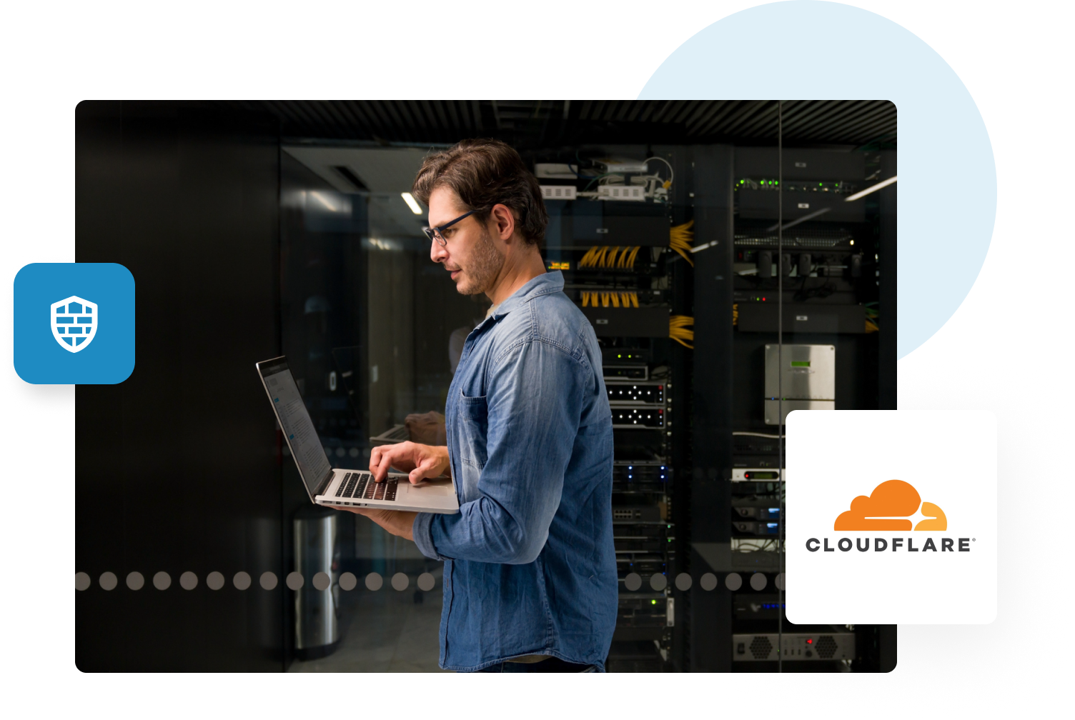 Cloudflare logo, featuring a man applying firewall and DDoS protection in a server room for ZeroBounce