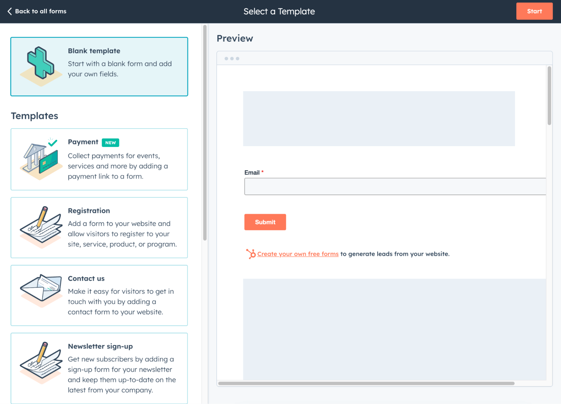 The HubSpot Forms template selection and preview menu with an empty ‘email’ field, a ‘Submit’ button, and a ‘Start’ button.