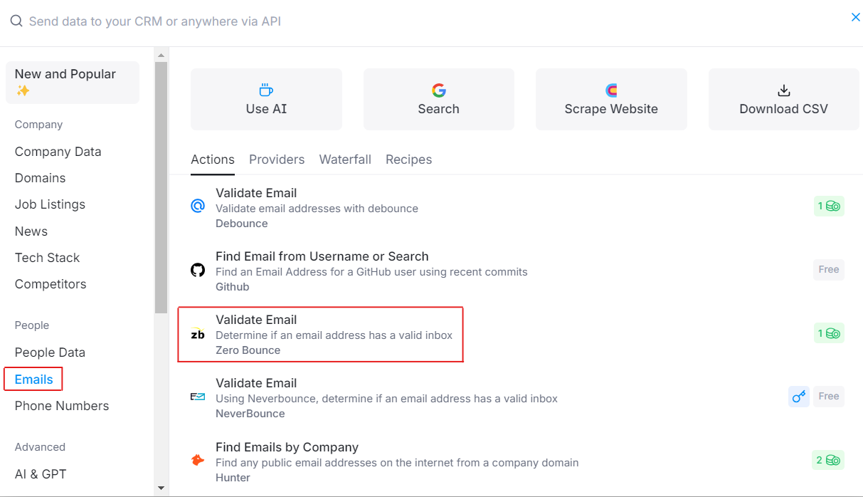 A list of Clay.com API features with the ZeroBounce Validate Email integration highlighted