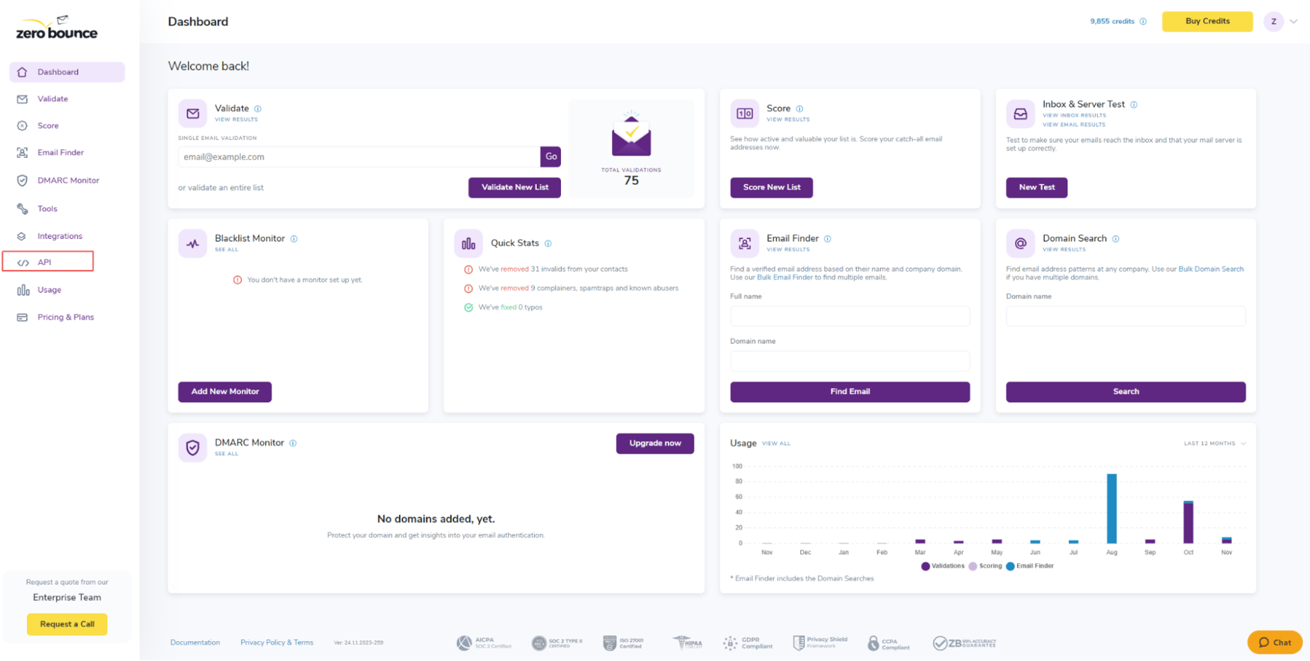 ZeroBounce dashboard with a highlight over API