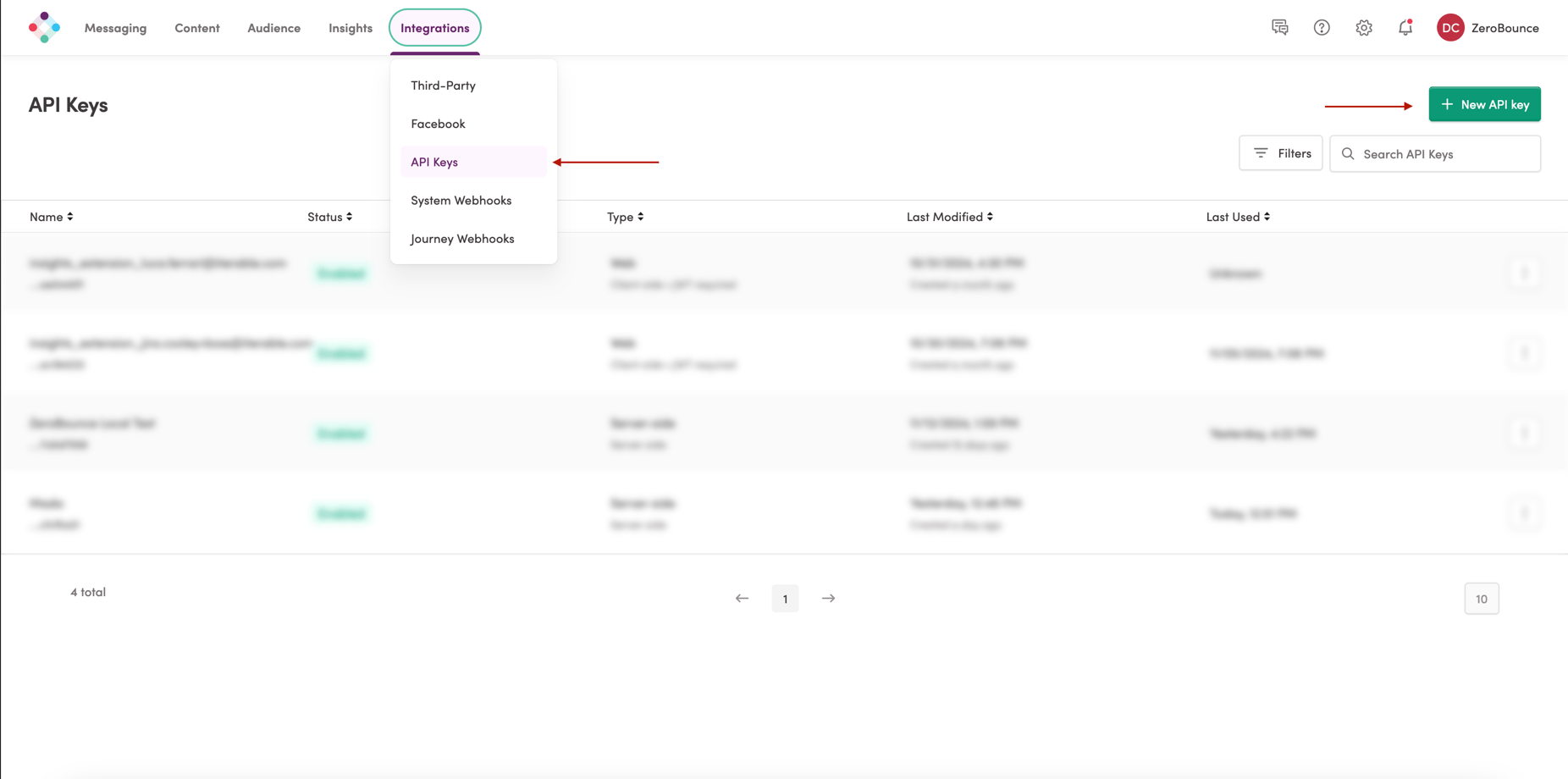 Panel de control de integración con Iterable