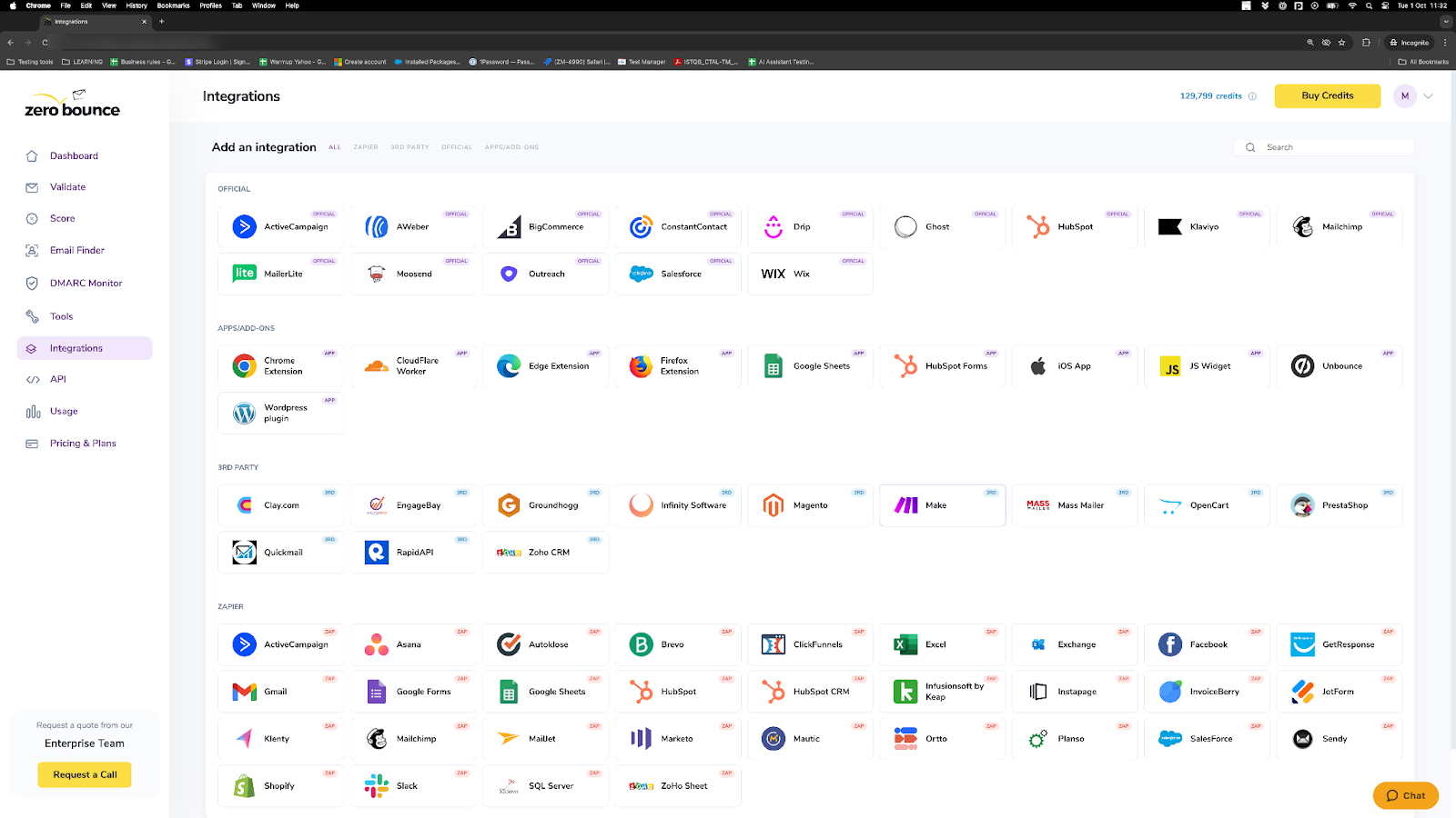 Panel de integraciones de ZeroBounce