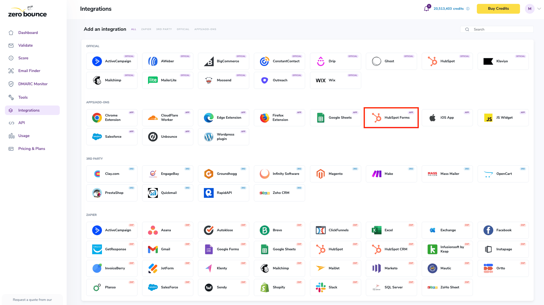 The list of ZeroBounce integrations found in the members’ area dashboard.