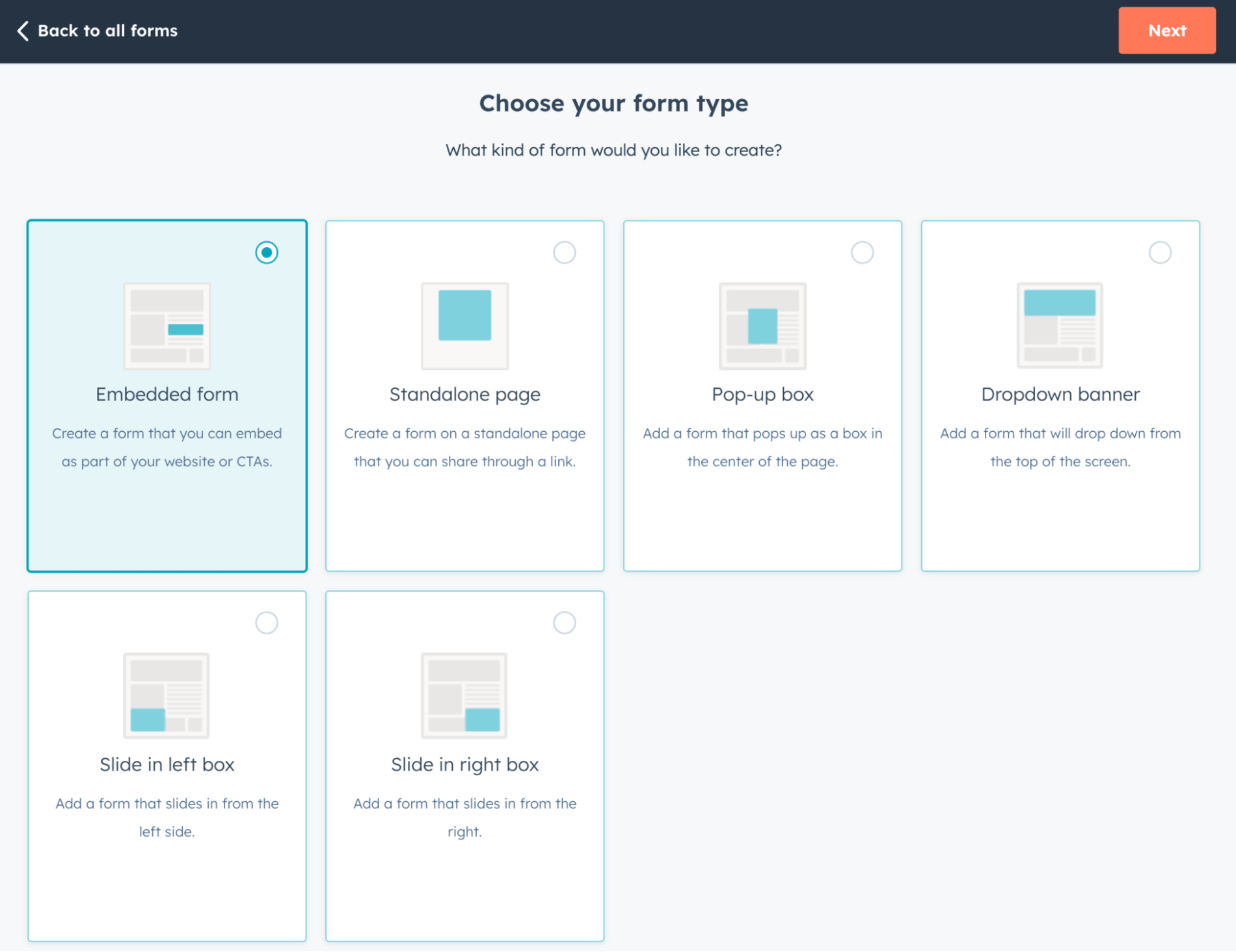 The HubSpot Forms menu with the option ‘Embedded form’ selected.