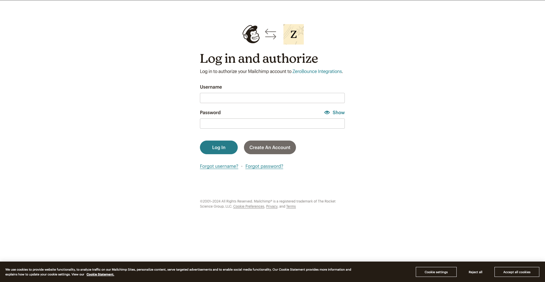 MailChimp login page