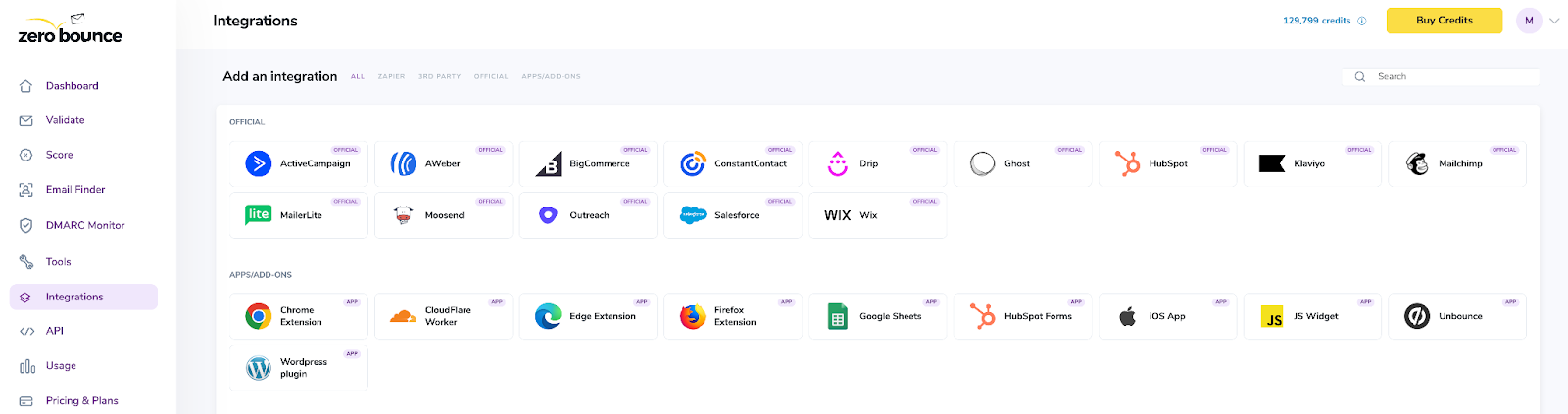 Panel de integraciones de ZeroBounce