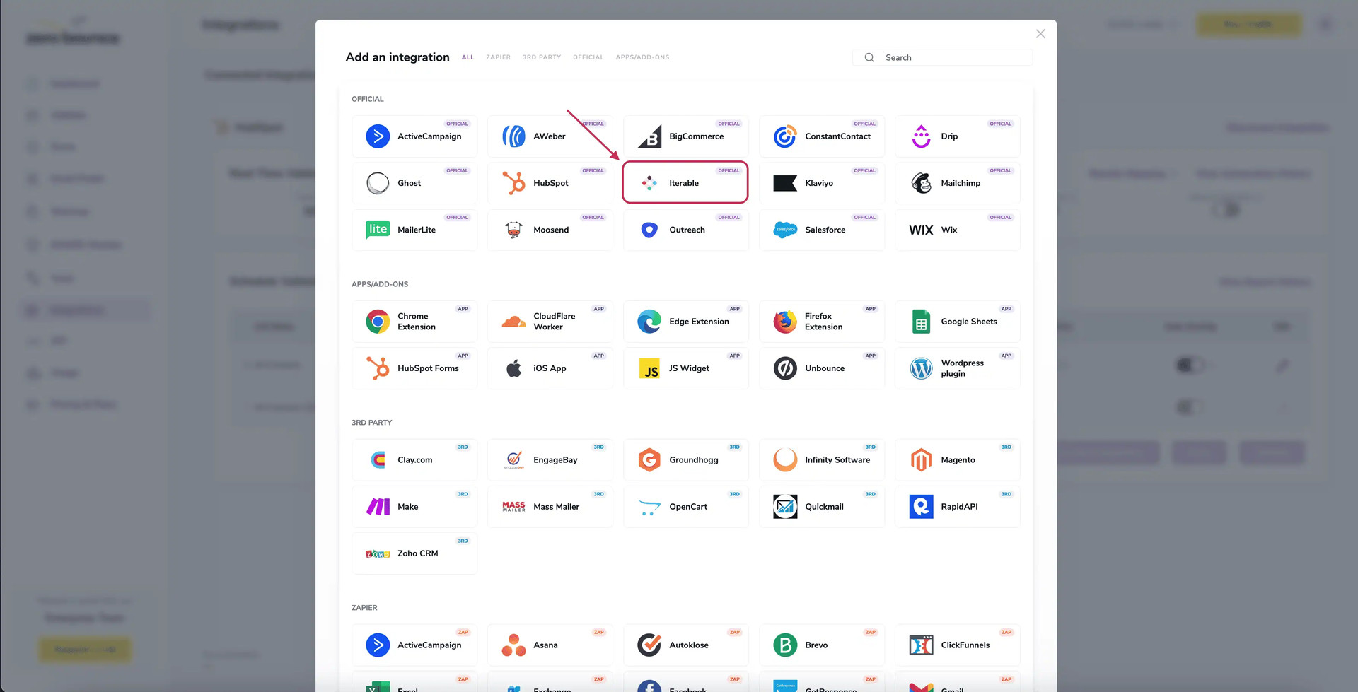 The ZeroBounce dashboard with the Integrations menu item highlighted.