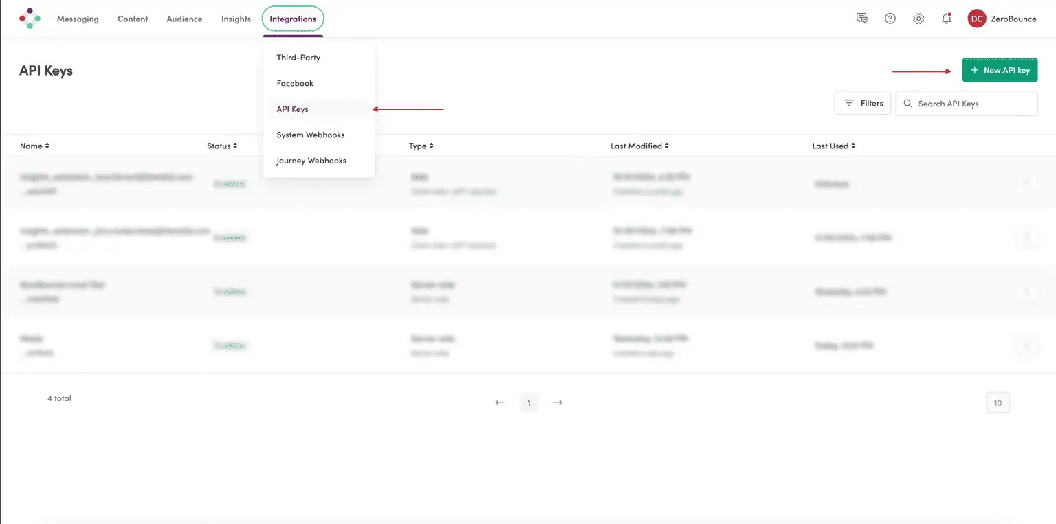 The Iterable account with the Integrations > API Keys menu item highlighted.