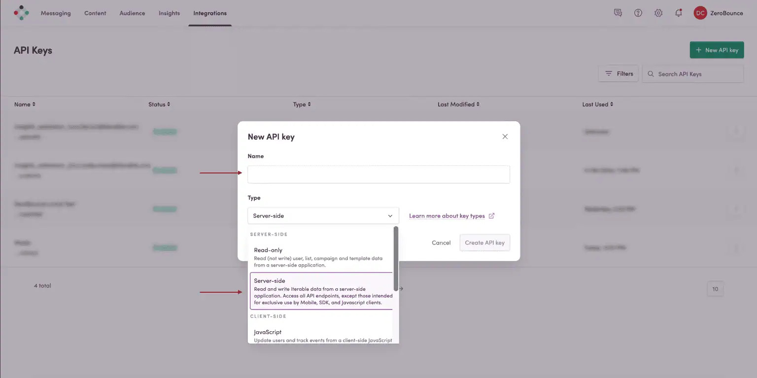 The Iterable account with the API key creation menu item highlighted.