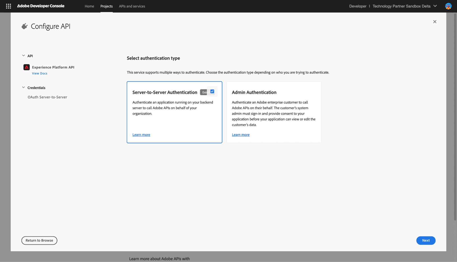 Select Server-to-Server Authentication and click Next