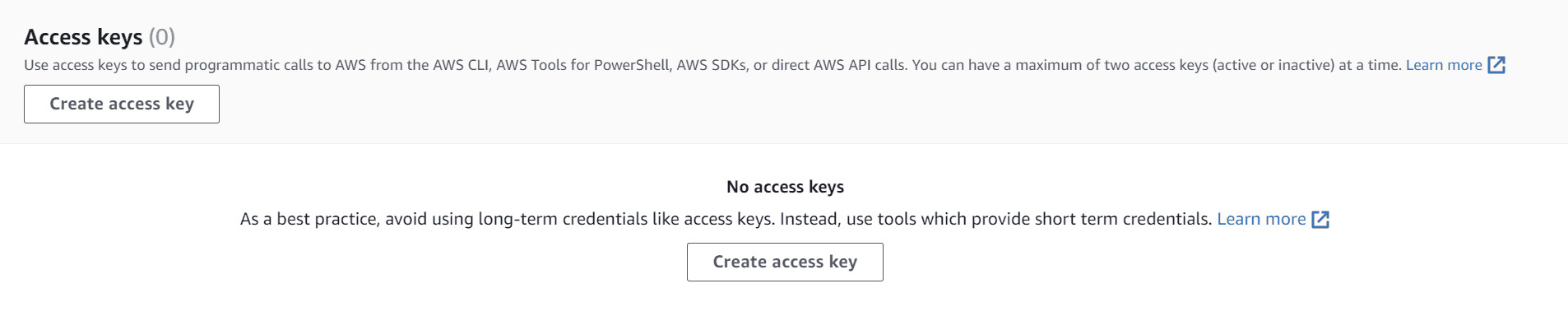 4. Under Access keys, select Create access key