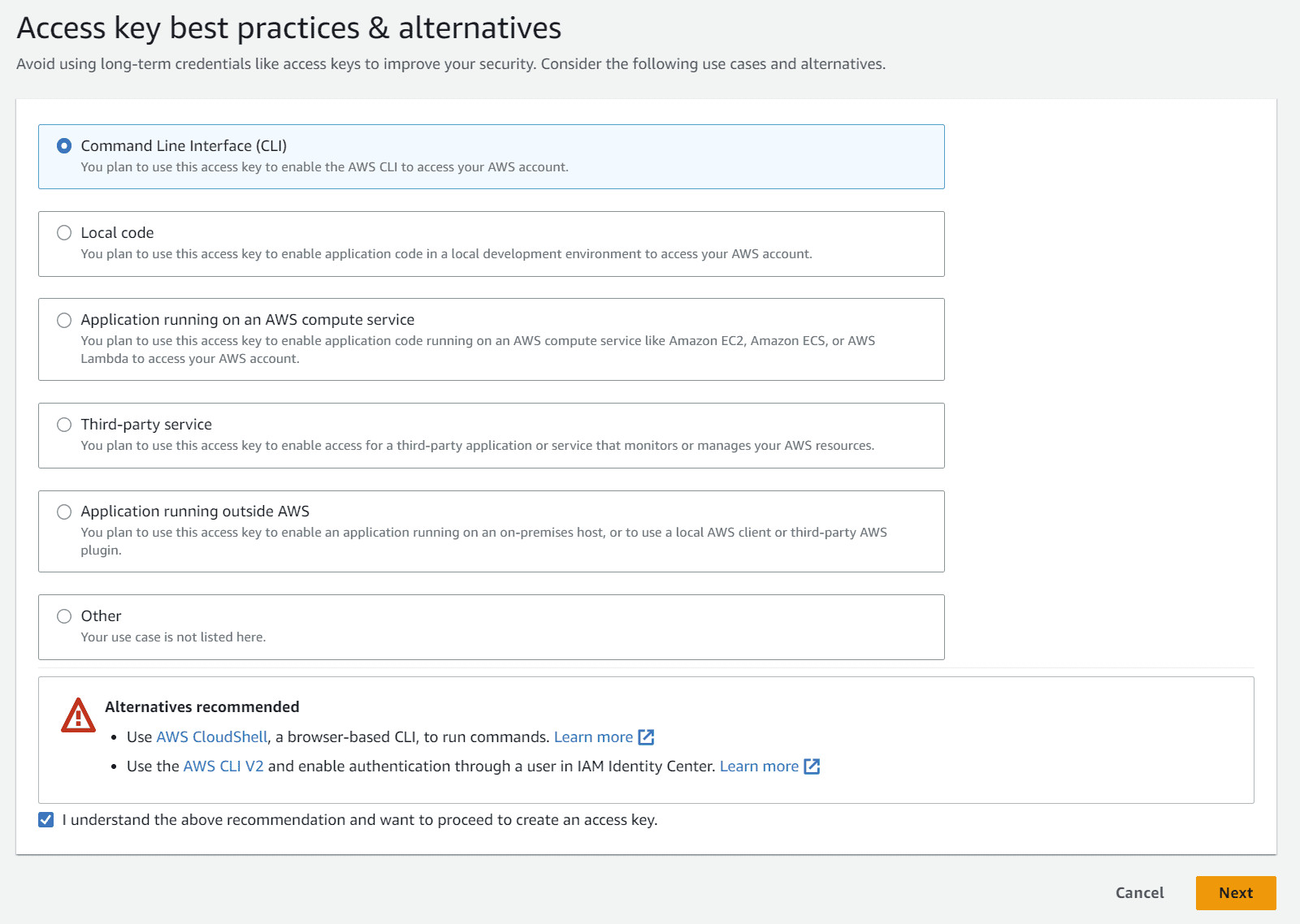 5. On the following page, select Command Line Interface (CLI), check I understand the above recommendation and want to proceed to create an access key. checkbox and hit Next