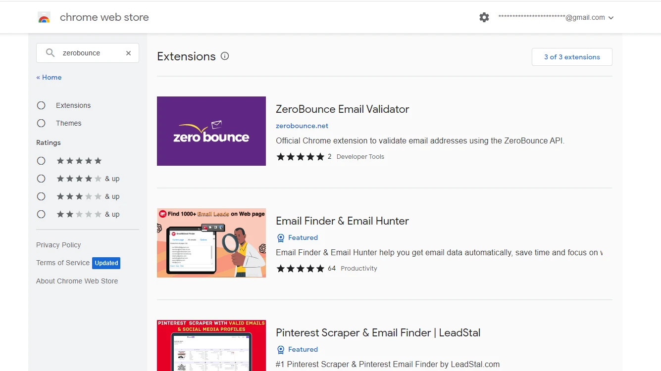 The ZeroBounce Email Validator extension in the Chrome web store
