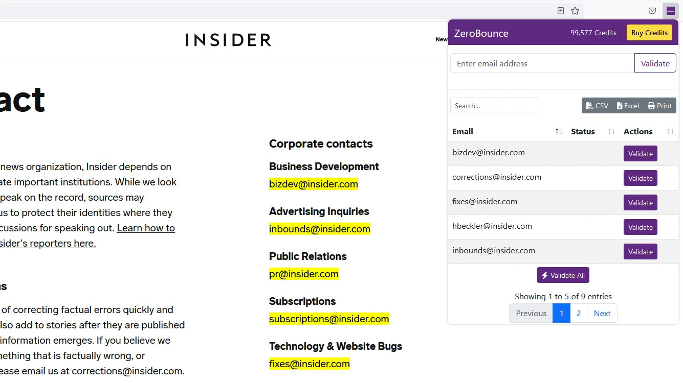 ZeroBounce Email Validator extension extraction results