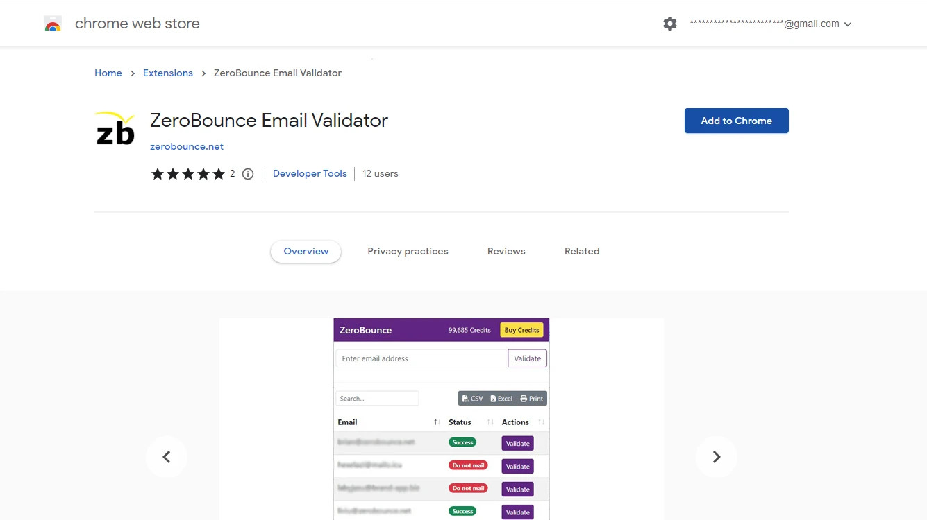 The ZeroBounce Email Validator extension main page in the Chrome marketplace