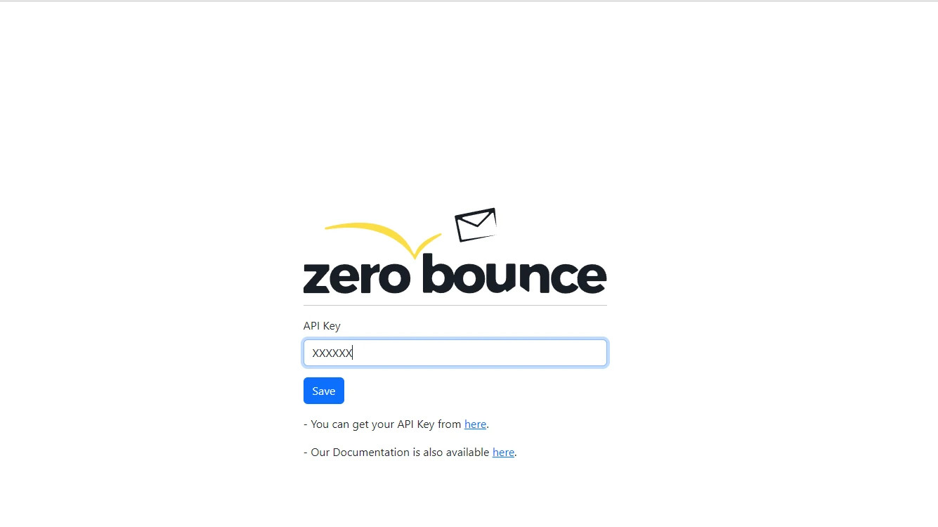 The ZeroBounce Email Validator extension API key settings page
