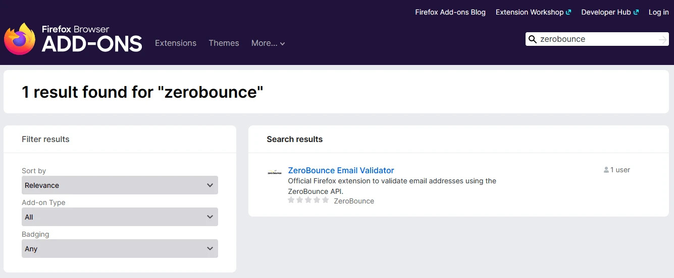 The ZeroBounce Email Validator extension in the Firefox Browser add-ons results page