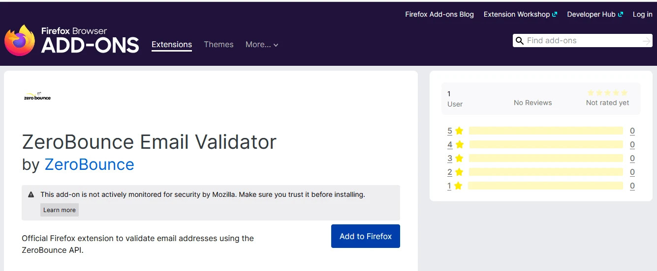 The official ZeroBounce Email Validator Firefox add-on page