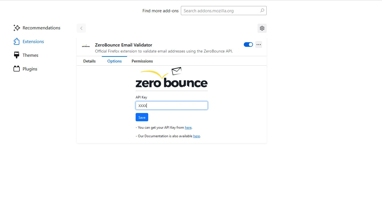 The ZeroBounce Email Validator Firefox API key settings page