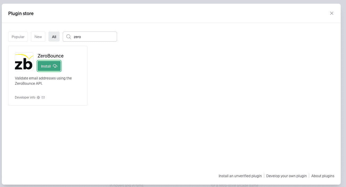 The ZeroBounce plugin in the plugin store