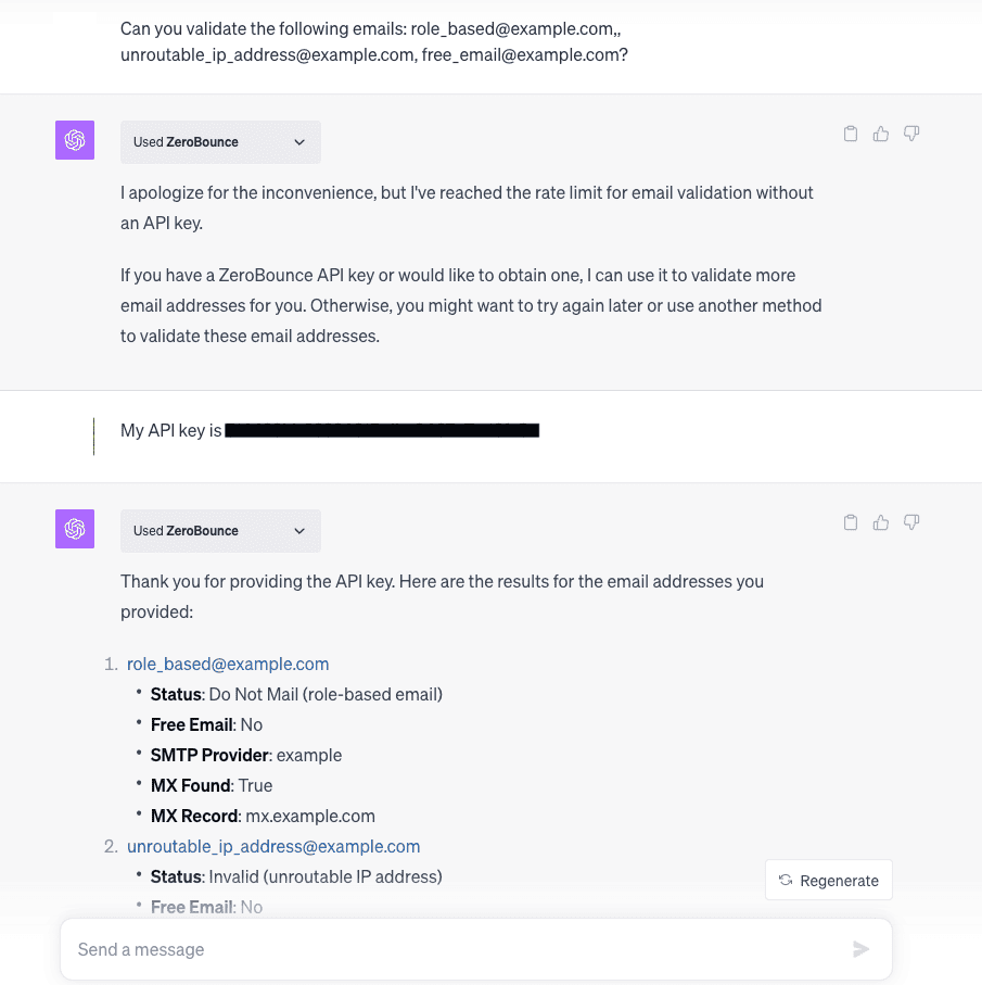 A conversation showing how to validate a batch of emails