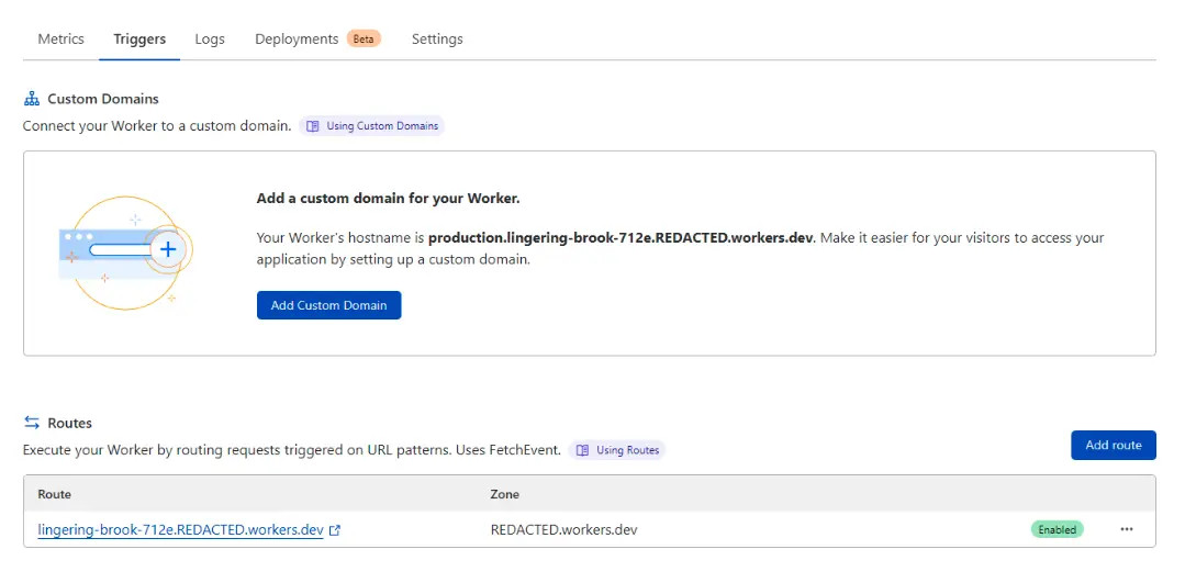 Cloudflare Worker menu that shows where to add triggers and routes for the ZeroBounce integration