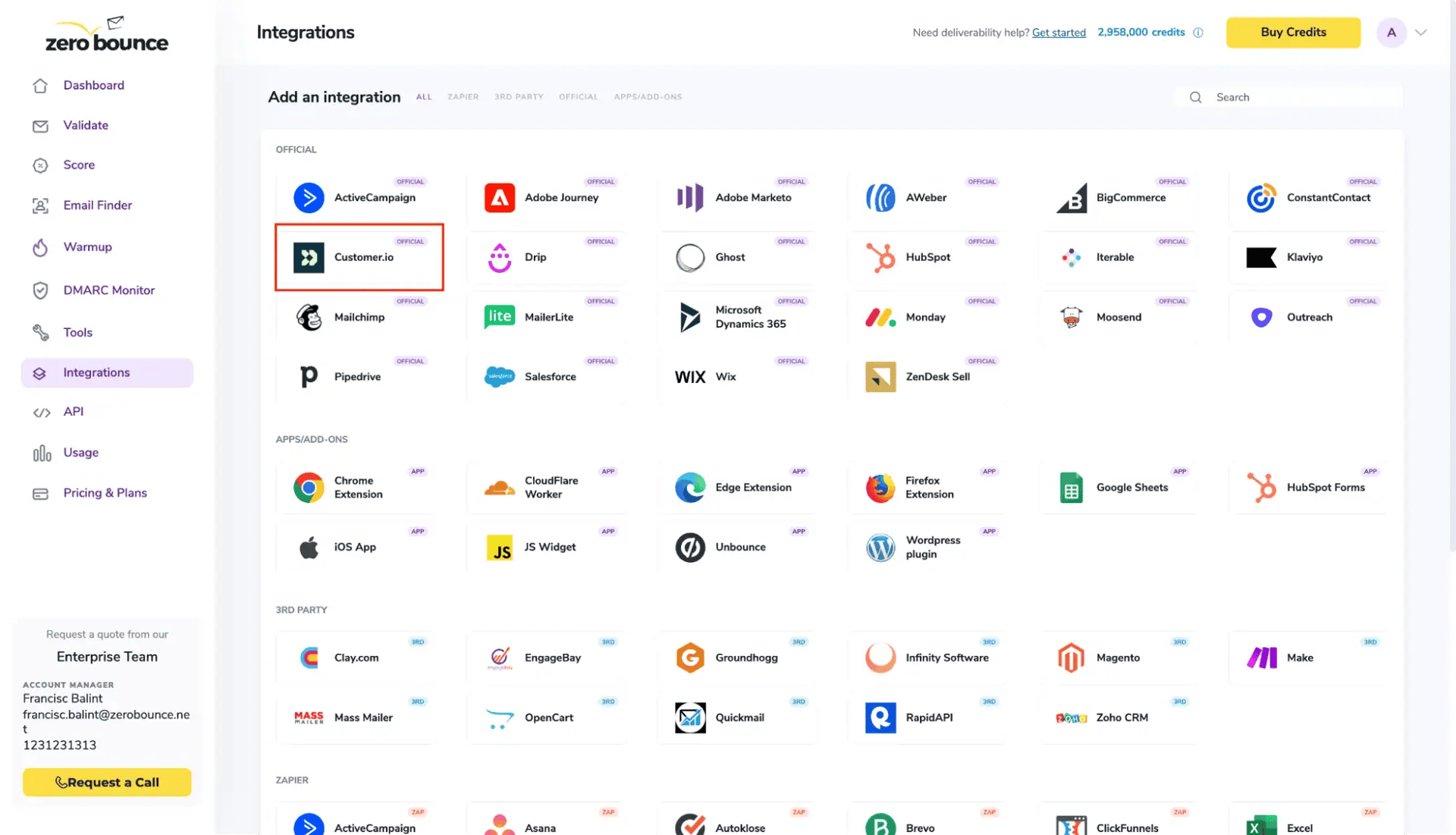ZeroBounce Integrations Dashboard