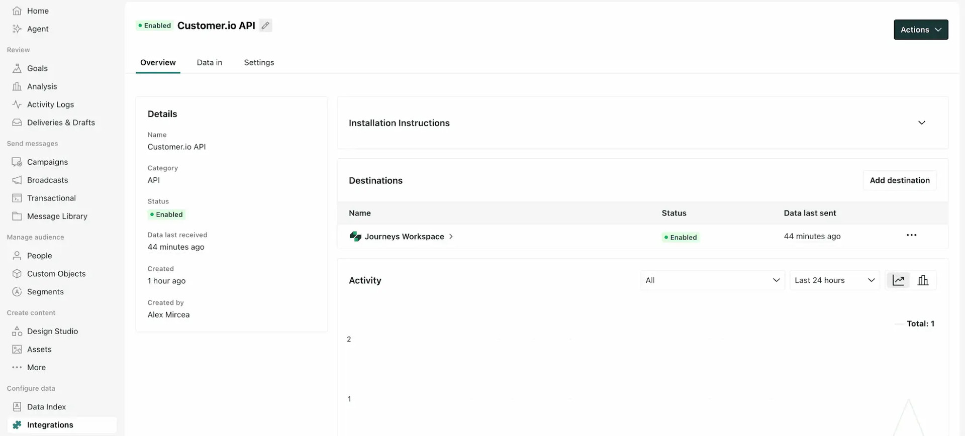 Connect Customer.io API section