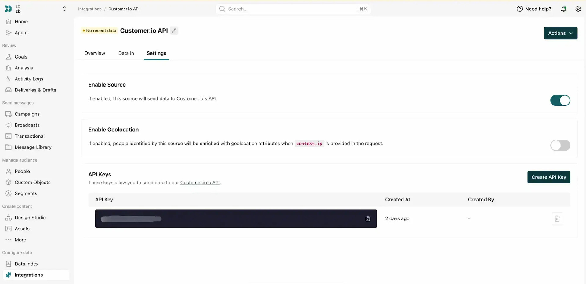 Connect Customer.io API section