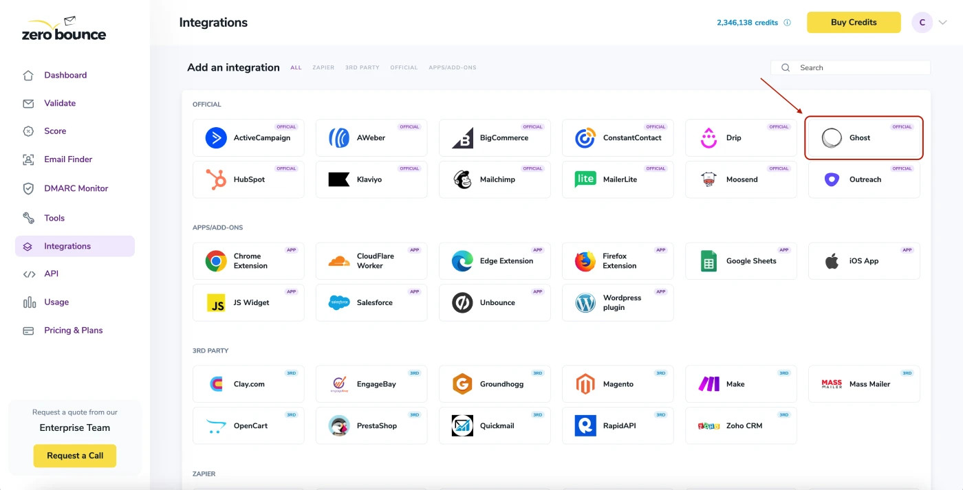 A popup greets you after selecting Ghost integration.
