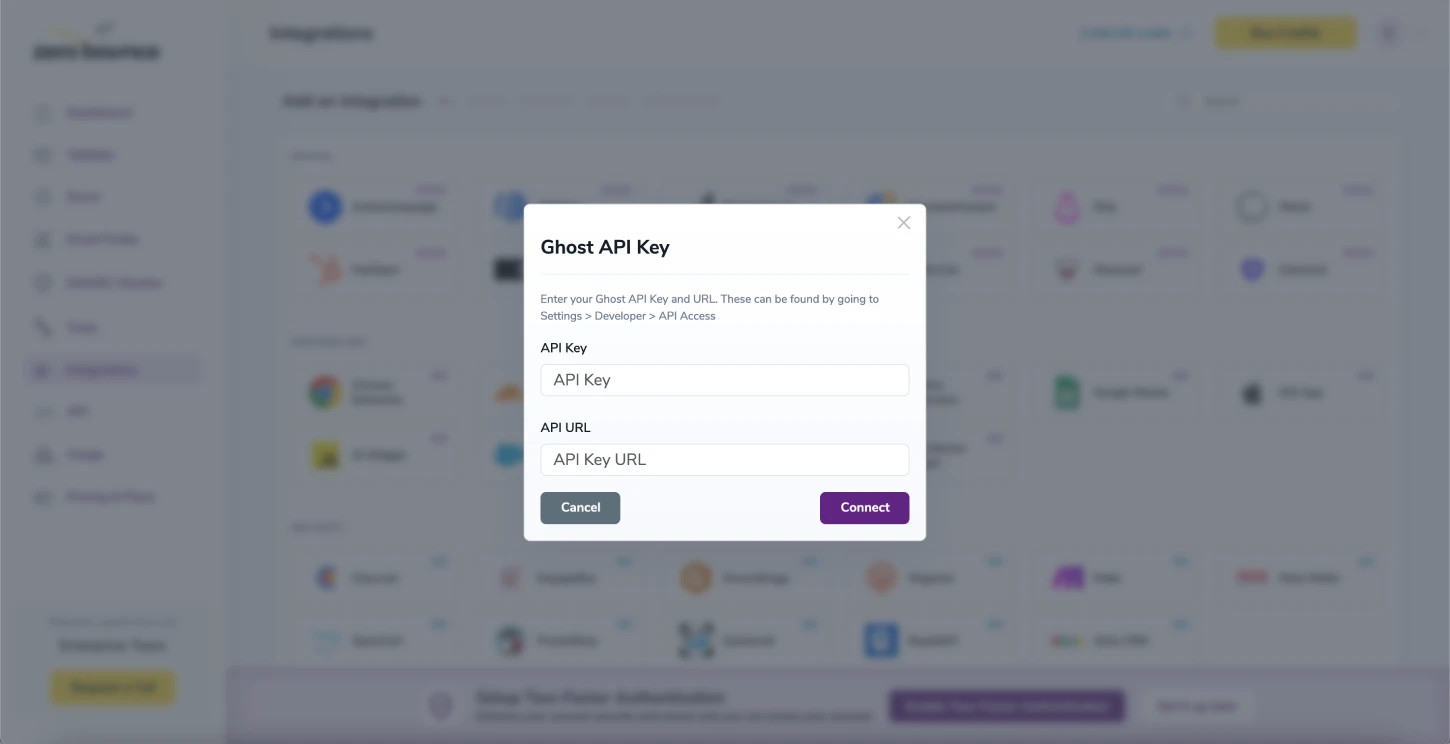 API Key pop-up modal
