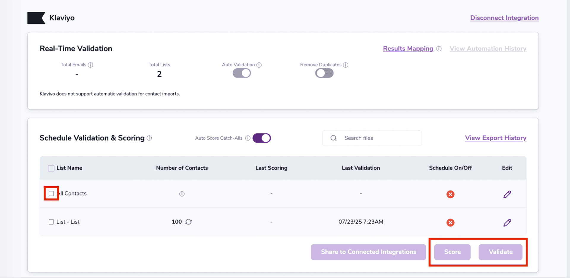 A ZeroBounce user’s Klaviyo integration, which shows all imported Klaviyo contact lists available for Scoring & Validation.