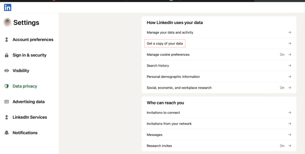 The Data privacy settings in LinkedIn with "Get a copy of your data" highlighted