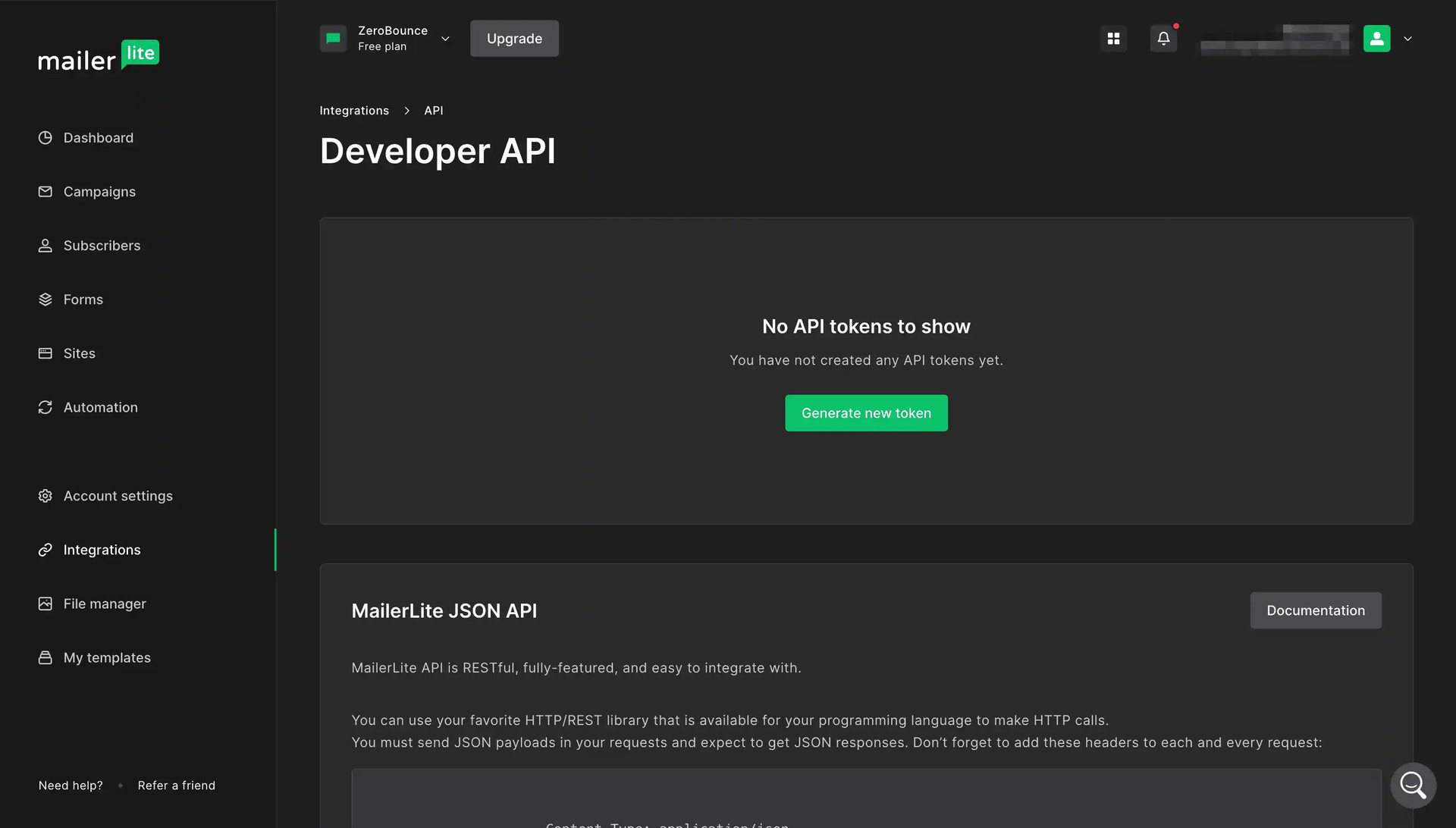 MailerLite integrations API page