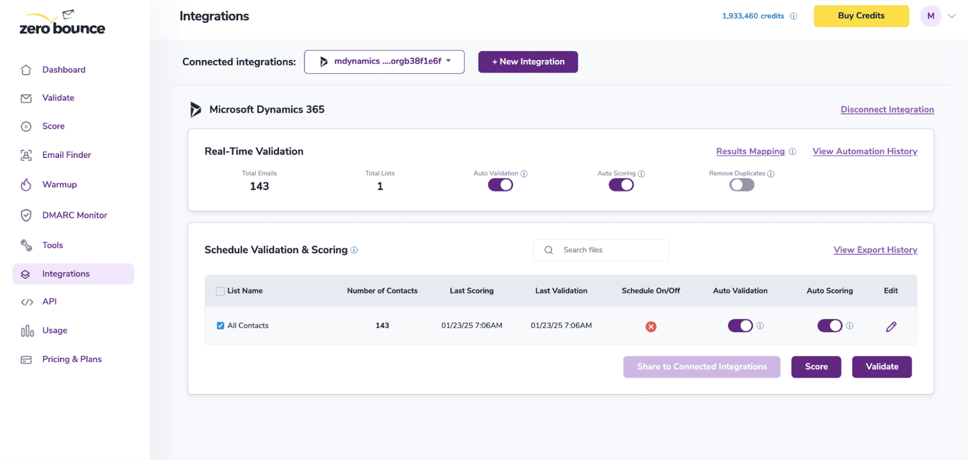 The main menu for the ZeroBounce Microsoft Dynamics 365 integration.